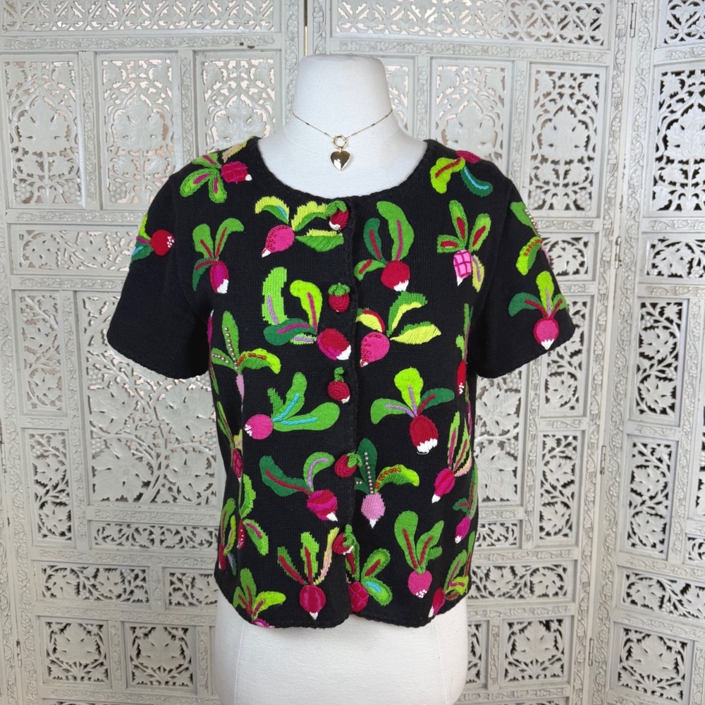 Vtg Michael Simon Vegetable Theme Short Sleeve Cardigan Sz Small Granny Chunky